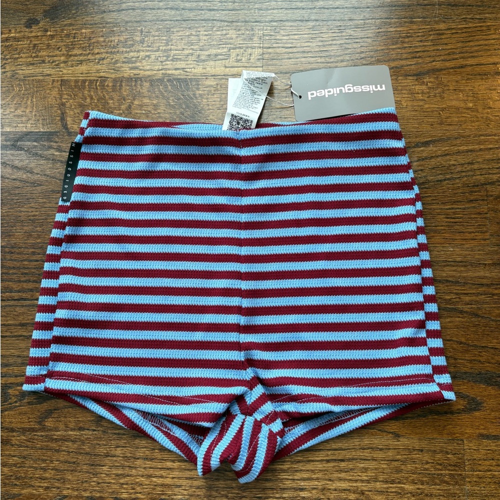 Missguided Striped mini Shorts in Light Blue and maroon micro knit short
